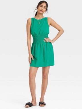 NEW Universal Thread Emerald Linen Blend Sleeveless Smocked-Waist Mini Dress